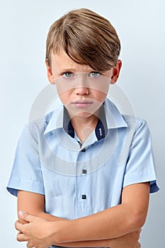 Caucasian Offended Little Boy Posing Isolated On White Background, Portrait