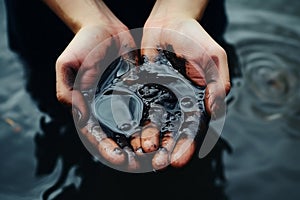 Caucasian oil hands are folded in a bowl of oil. Oil spill. Environmental pollution