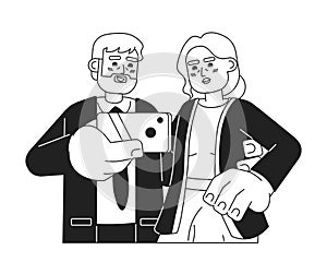 Caucasian old couple taking selfie black and white 2D cartoon characters
