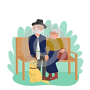 Caucasian old married couple with dog are sitting on bench in park, happy elderly people enjoying outdoors. White background. Flat