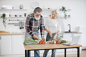 Caucasian old married man and wife prepare healthy salad.