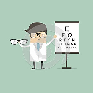 Caucasian ophthalmologist doctor giving glasses. Ophthalmologist holding eyeglasses on the background of eye chart.