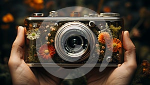 Caucasian photographer holding old SLR camera, focusing on flower generated by AI