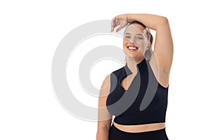 A Caucasian plus size model in black sportswear on white background, copy space