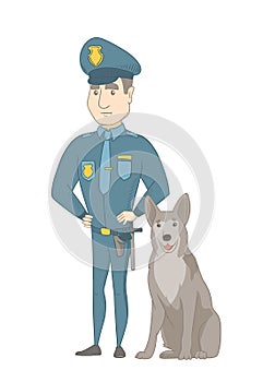 Caucasian police officer standing near police dog.