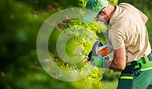 Caucasian Professional Garden Worker in His 40s Shaping Green Shrub Wall