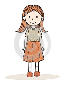 Caucasian redhead girl standing smiling in casual clothes. Happy child, cute cartoon character, kids fashion vector