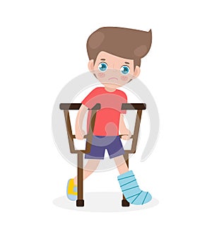 Caucasian sad kid injured with broken leg in gypsum. little children standing on crutches, cartoon teen disabled character broken