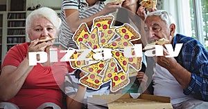 Caucasian senior couple with grandson and caucasian son, daughter in law celebrating pizza day