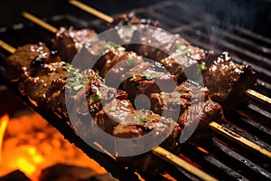 caucasian shashlik skewer beef mutton lulya being cooked on a grill, created by Generative AI