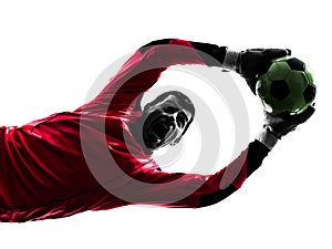 Caucasian soccer player goalkeeper man catching ball silhouette