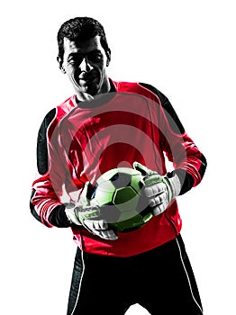 Caucasian soccer player goalkeeper man holding ball silhouette