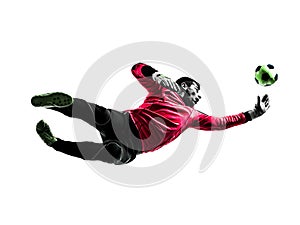 Caucasian soccer player goalkeeper man jumping silhouette