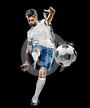 Caucasian soccer player man isolated black background light painting