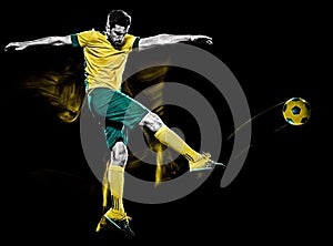 Caucasian soccer player man isolated black background light painting