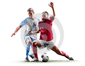 Caucasian soccer players isolated on white background