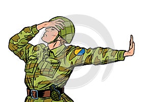 Caucasian soldier in uniform shame denial gesture no. anti militarism pacifist photo