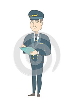 Caucasian steward holding clipboard with documents