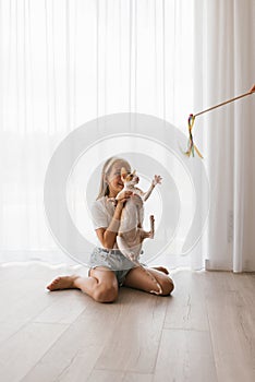 Caucasian teen girl sitting on the floor playing with a cat cornish rex with a stick teaser in the house