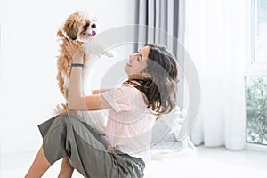 Caucasian teenage girl playing with shih tzu puppy dog at home. Young beautiful woman sitting on floor, smiling, having fun