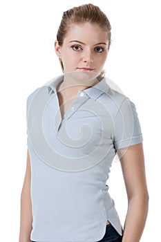 Caucasian teenager in blue polo t-shirt