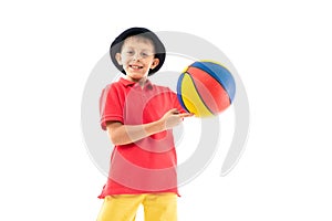 Caucasian teenager boy play basketball, picture isolated on white background