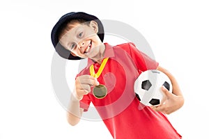 Caucasian teenager boy winner of soccer competition, picture isolated on white background