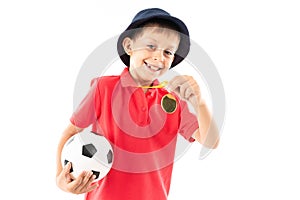 Caucasian teenager boy winner of soccer competition, picture isolated on white background