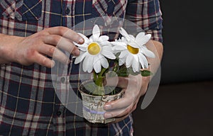 Caucasian unrecognizable male hands holding a pot with artificia