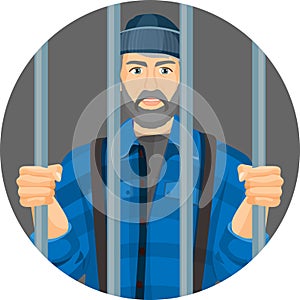 Caucasian unshaven man behind bars in round button isolated on white