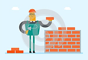 Caucasian white builder building a brick wall.