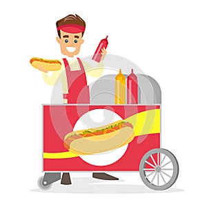 Caucasian white street seller making a hot dog.