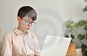 Caucasian white teenager boy looking in surprise at laptop