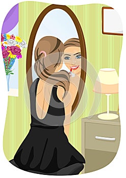 Caucasian woman in black dress applying lipstick looking at mirror in bedroom