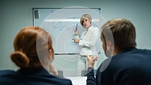 Caucasian woman blonde leads a presentation for colleagues.