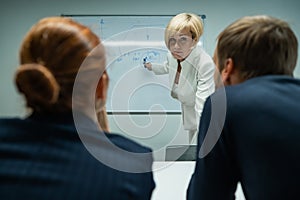 Caucasian woman blonde leads a presentation for colleagues.