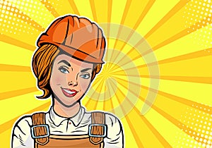 Caucasian woman Builder in uniform and helmet. Pop art vector illustration