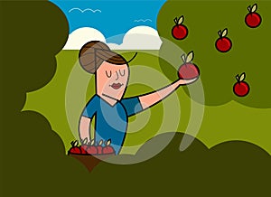 Caucasian woman collects apples from an apple tree in a garden into a basket, vector illustration