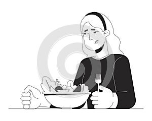 Caucasian woman decreased appetite black and white 2D line cartoon character