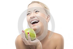 Caucasian Woman Dieting and Eating Apple. Healthy Lifestyle, Nut