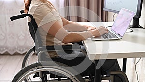 Caucasian woman with disabilities working at the computer while sitting in a wheelchair disease.