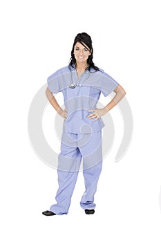 Caucasian woman doctor or nurse wearing scrubs