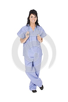 Caucasian woman doctor or nurse wearing scrubs