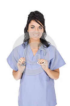 Caucasian woman doctor or nurse wearing scrubs