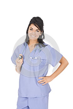 Caucasian woman doctor or nurse wearing scrubs