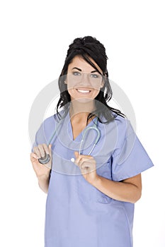 Caucasian woman doctor or nurse wearing scrubs