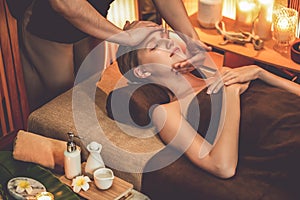 Caucasian woman enjoying relaxing anti-stress head massage. Quiescent