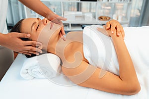 Caucasian woman enjoying relaxing anti-stress head massage. Quiescent