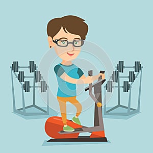 Caucasian woman exercising on elliptical trainer.