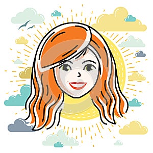 Caucasian woman face expressing positive emotions, vector human head illustration.